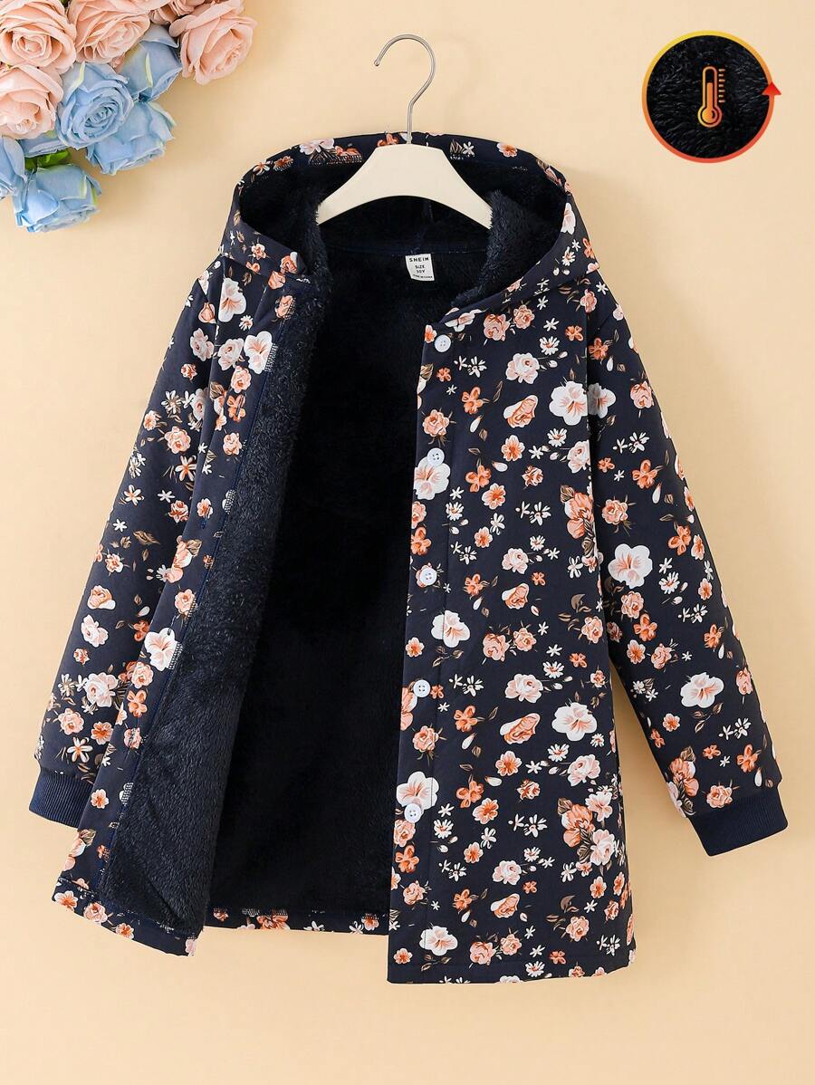 Tween Girl Thicken Fluffy Vintage Ditsy Floral Hooded Mid-Length Jacket, Autumn/Winter