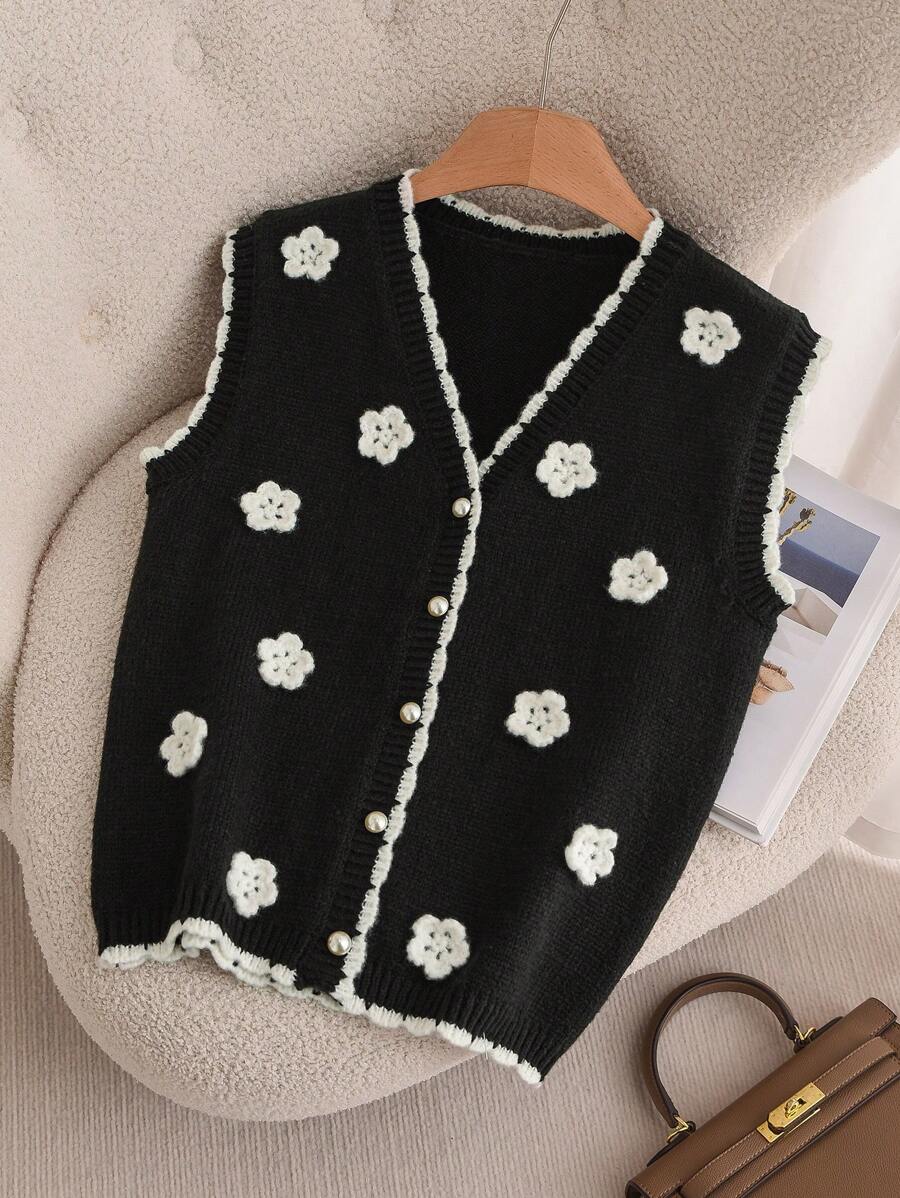 SHEIN Frenchy Casual 3D Floral Pattern Black & White Knitted Cardigan, Plus Size, Suitable For Autumn & Winter