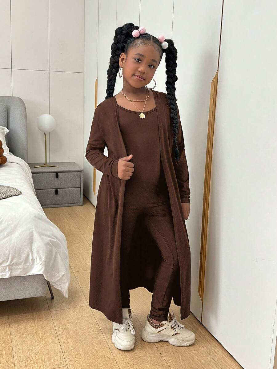 Slaydiva Tween-Mädchen Street Lässig Strick-Set, Unifarben mit langen Ärmeln, Strickjacke, Weste und langer Hose
