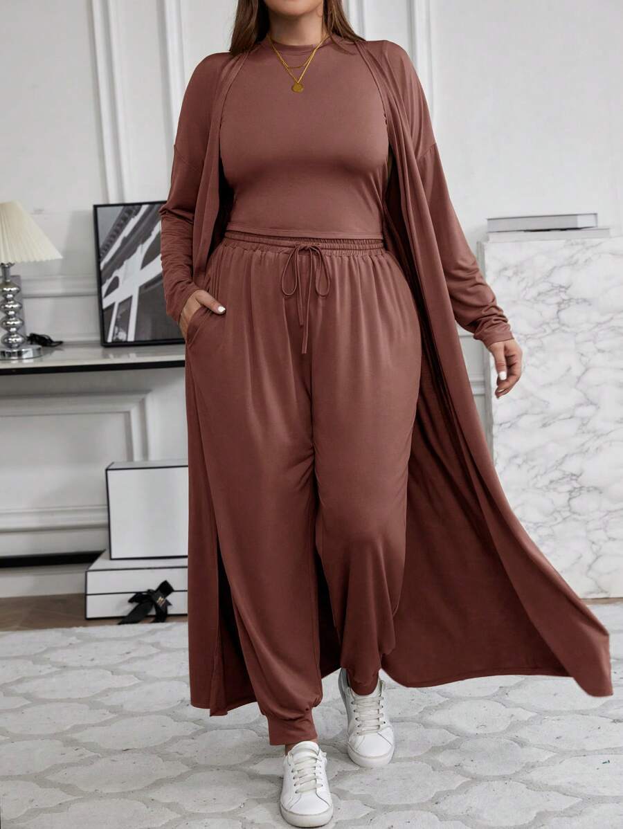 SHEIN LUNE Conjunto de 3 piezas de chaqueta larga, chaleco y pantalón de unicolor casual de talla grande, nuevo atuendo de invierno para mujeres de Año Nuevo, vestidos de invierno, ropa de invierno para mujeres, atuendos de rave, conjunto de Acción de Gracias para mujeres