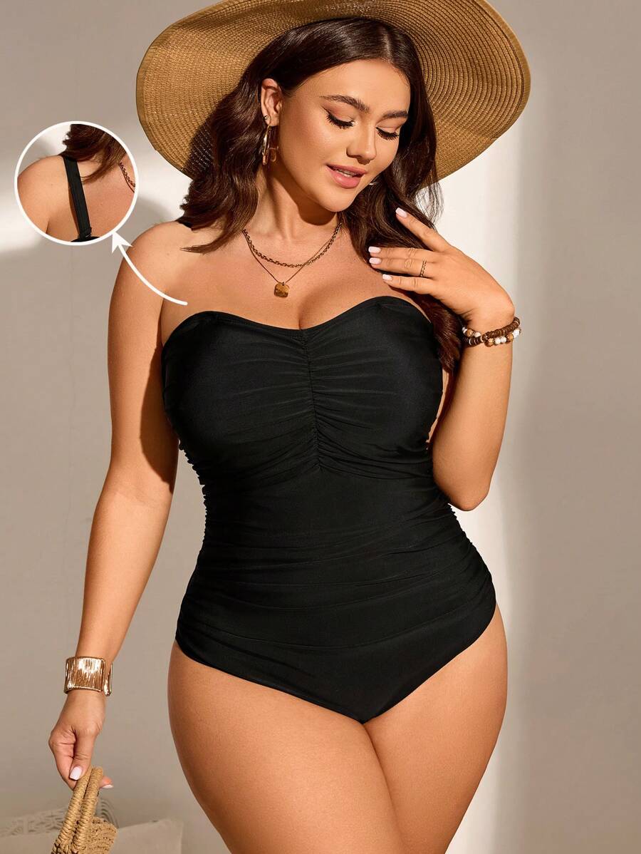 Swim Lushoire Maillot de bain une pièce plissé couleur unie bandeau pour grandes tailles, idéal pour l'été et les vacances à la plage