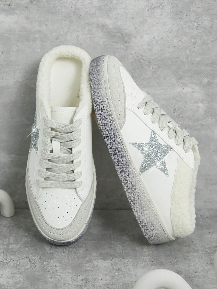 SHUZIA Dames Silver Super Star Glitter Slip On, Sherling Low Top Sneaker Schoen