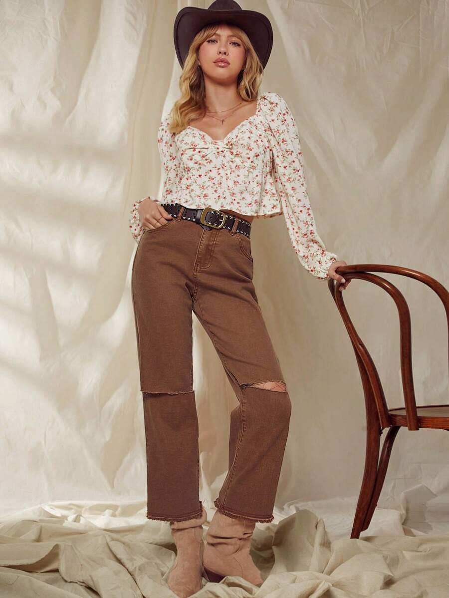 WESTFADE Pantalones vaqueros rectos de pierna de tobillo con cortes y dobladillo deshilachado de talle medio, atuendo estilo Nashville