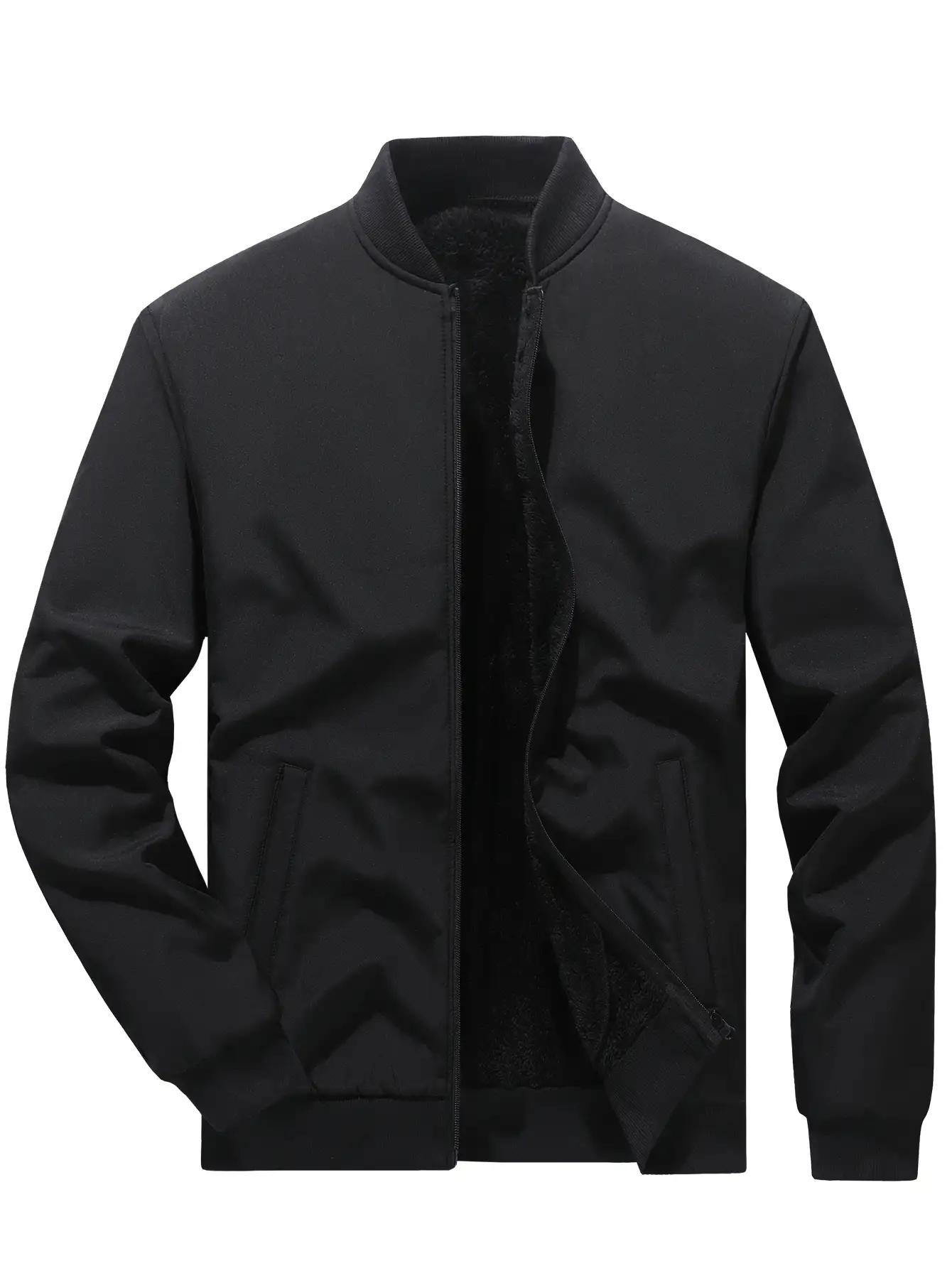 Manfinity Homme Men's Solid Color Thermal Fleece-Lined Casual Bomber Jacket, Versatile Autumn/Winter, Going Out Long Sleeve Baseball Jacket, For Friends, Husband, Boyfriend Gifts