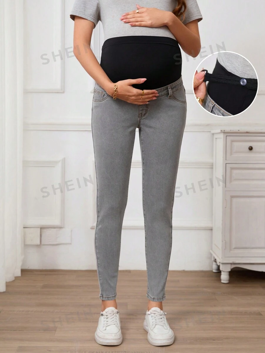 SHEIN Maternidad Jeans entallados de cintura alta de color block con estiramiento informal