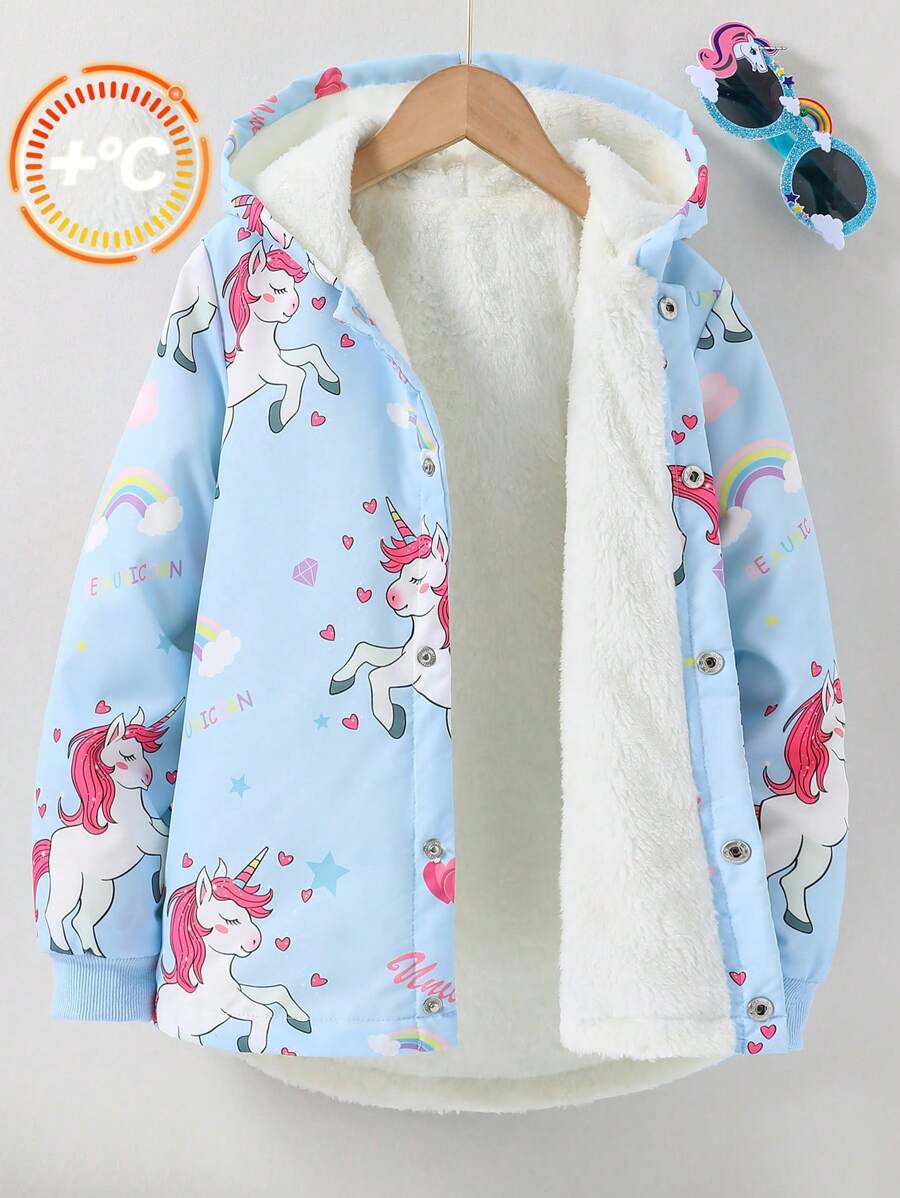 SHEIN Tween Girl Front Button Lange Mouw Bedrukt Casual Capuchon Jasje