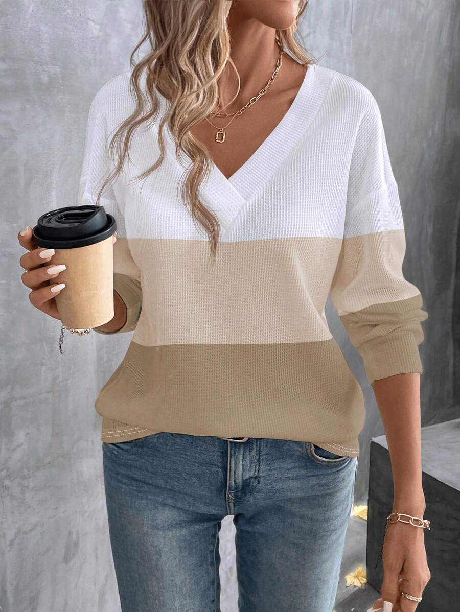 SHEIN LUNE T-shirt manches longues casual blocs de couleurs pour femmes, hauts graphiques d'automne pour femmes pour tenue de printemps