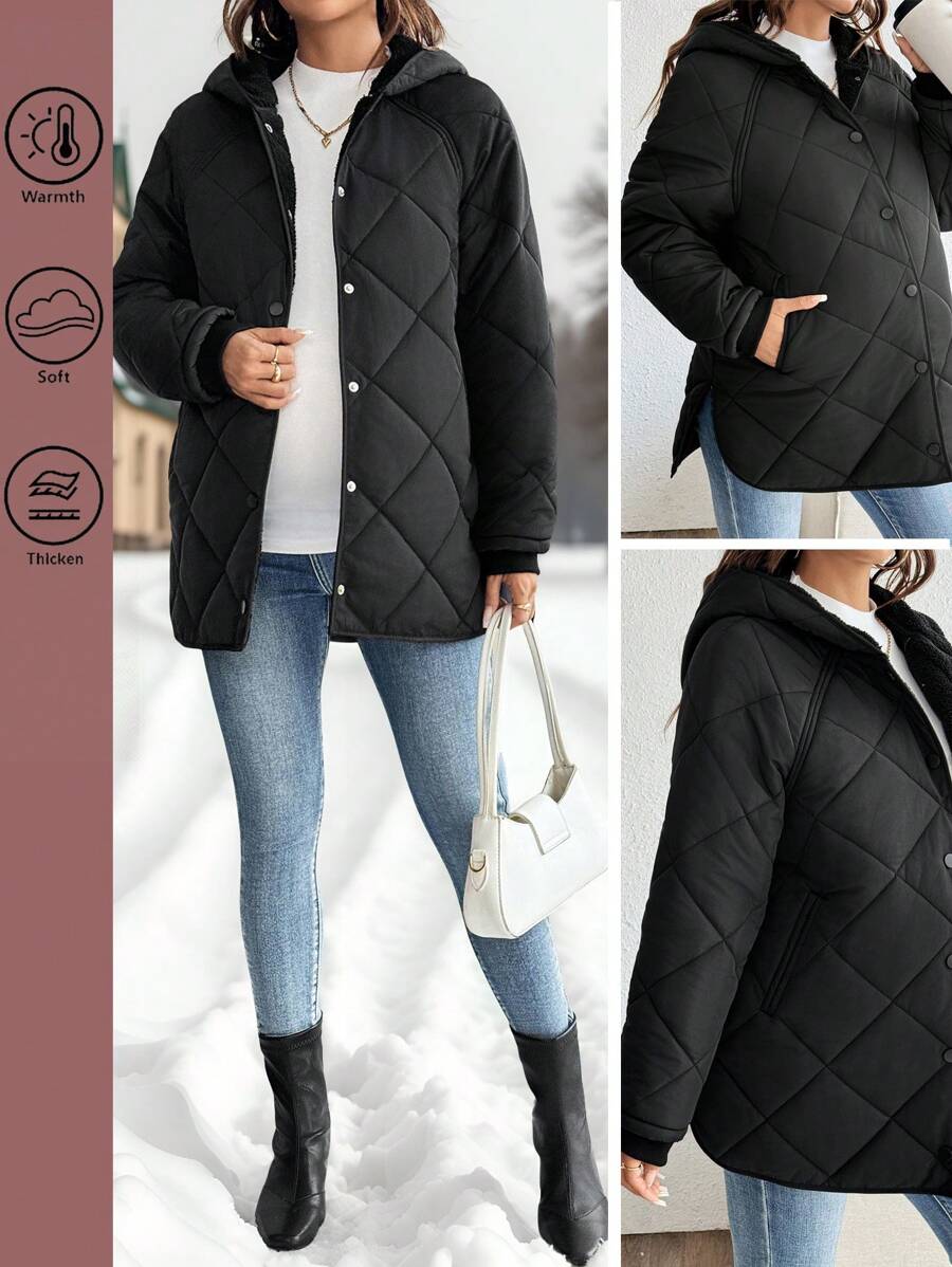 SHEIN Umstandsmode-jacke mit Knopfleiste, Langarm, lässig, mit Kapuze und Taschen, minimalistischer Stil