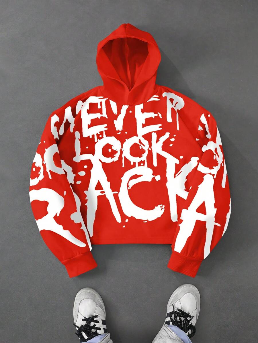 Manfinity EMRG Men's Streetwear Graffiti English Text Print Graffiti Font White Short Hoodie