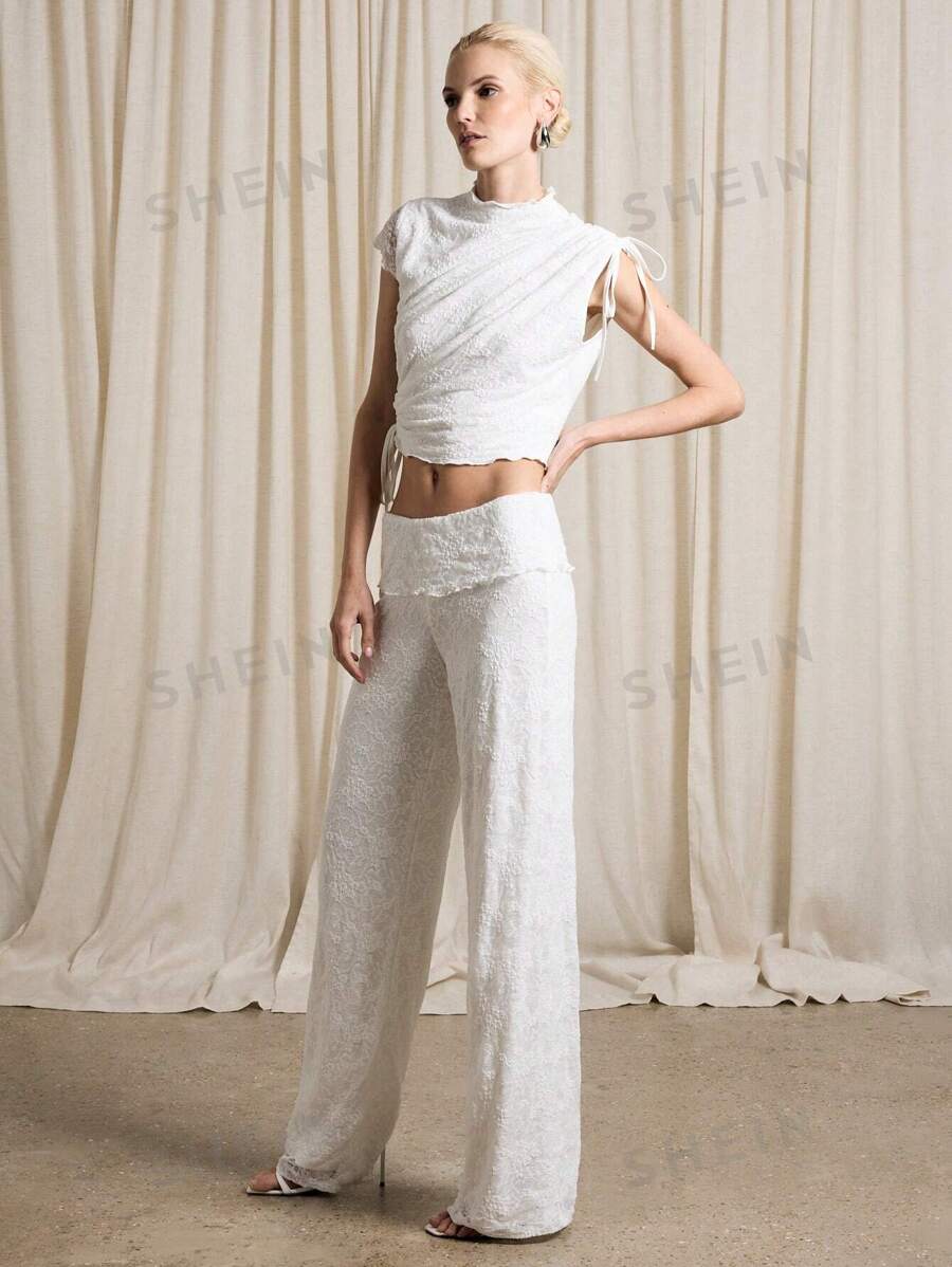 AiiRZ Conjunto de top corto de encaje y pantalón con cintura plegada