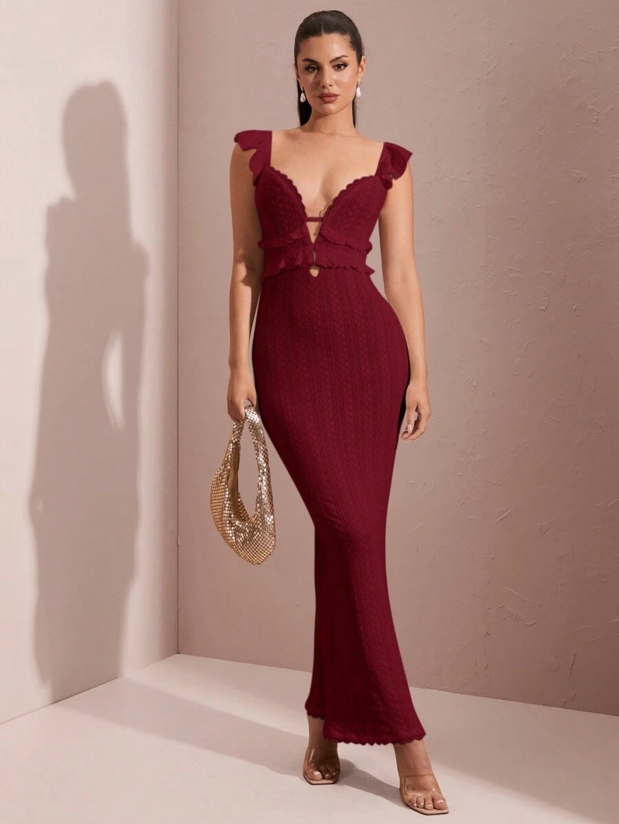 SHEIN BAE Sexy Hollow-Out Haakwerk Getextureerde Gerimpelde Korte Kapmouw Open Rug Strik Elegante Lange Vissenstaartjurk, Voor De Zomer