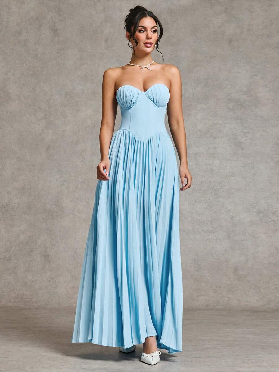 SHEIN BAE فستان سواري أنيق بخصر عالي مطوي مناسب للنساء، لون أزرق سادة، مناسب لحفلات الكوكتيل والمواعيد الرومانسية وارتداء طبقات في الخريف والشتاء وحفلات الزفاف وعيد الهالوين وعيد الميلاد
