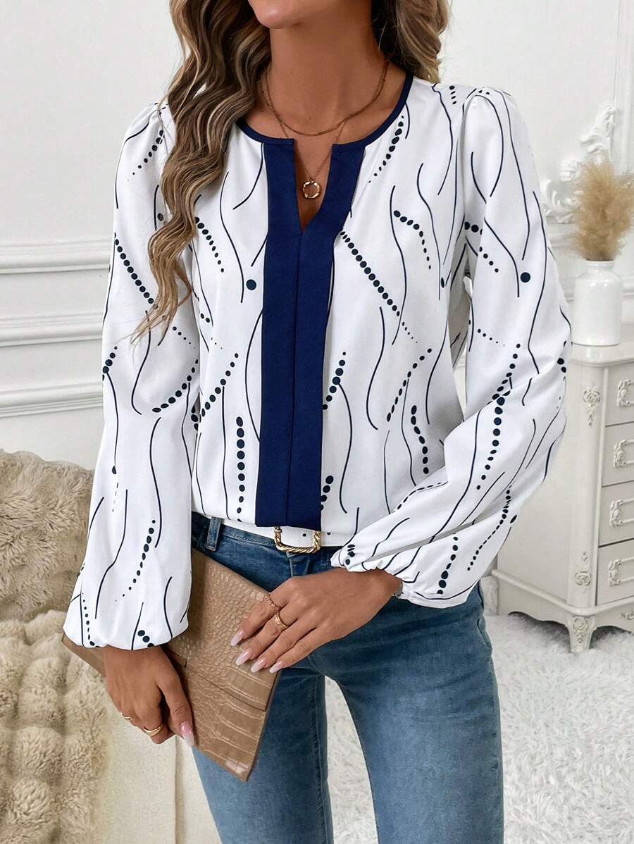 SHEIN Clasi Women's Colorblock Geometric Dot Print Slim Fit Office Shirt