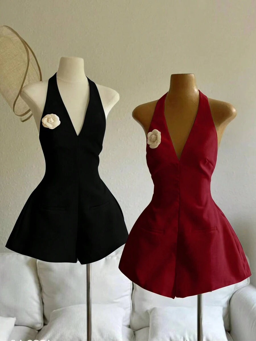 INAWLY Women's Solid Color Applique Backless Halter Jumpsuit, Elegant Sleeveless