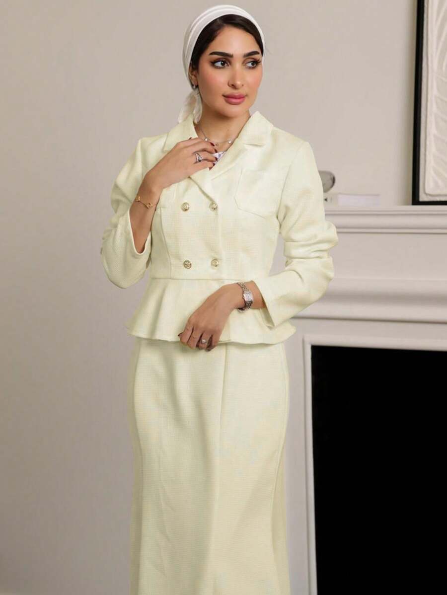 Modelyn 2pcs/Set Women Fall Plain Collar Jacket And High-End Skirt Apricot Suit 2 Pieces Set