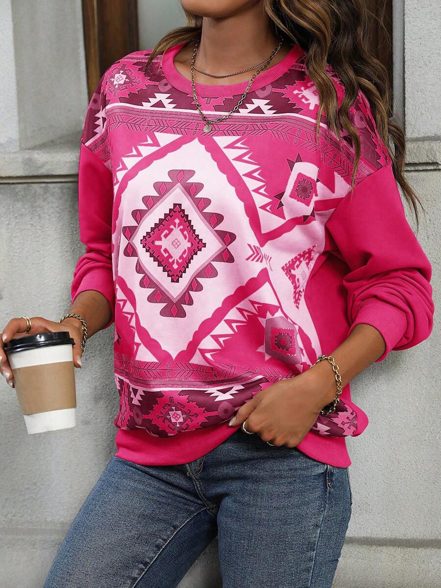 EMERY ROSE Sudadera informal de mujer con cuello redondo, manga caída y patrón geométrico, para otoño