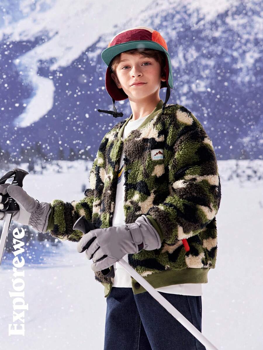SHEIN Tween Boy Camouflage Print Patched Long Sleeve Fleece Jacket, Autumn/Winter