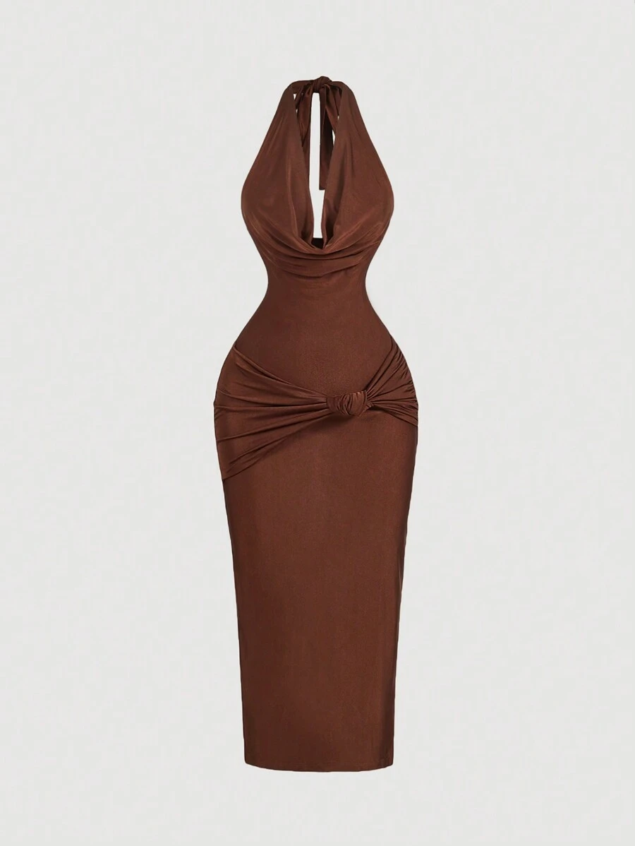 SHEIN MOD Vestido midi con cuello drapeado y ajuste ceñido en color marrón, vestido elegante, vestido formal, vestido para Fin de Año, vestido para vacaciones de Año Nuevo, vestido para fiesta de Año Nuevo, vestido para Baile de Máscaras