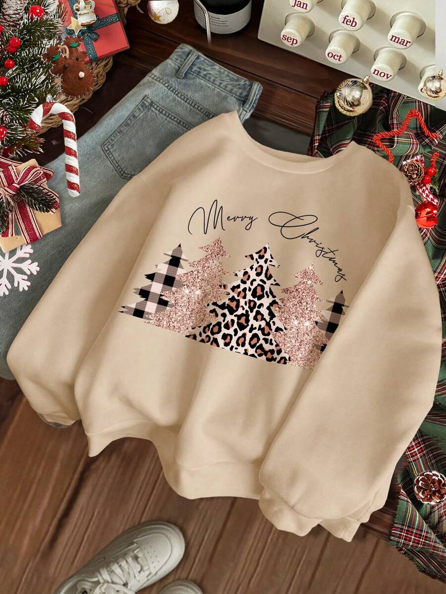 SHEIN Christmas Leopard Print Christmas Tree, Khaki Color, Casual Loose Fit Crew Neck Long Sleeve Thick Sweatshirt For Teen Girls, Suitable For Autumn/Winter