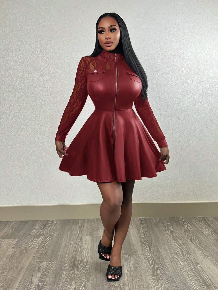 Slaydiva Elegant Black Front Zipper Lace Patched PU Fishtail Hem Long Sleeve Bodycon Dress