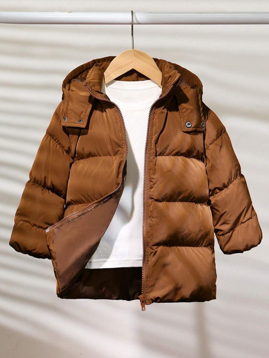 SHEIN 1 peça Casaco de inverno longo e grosso com capuz, jaqueta parka, para meninos/meninas, casual, versátil, confortável, solto, cor sólida, prático, com zíper, adequado para volta às aulas, aniversário, chá de bebê, festa de fim de ano, outono/inverno