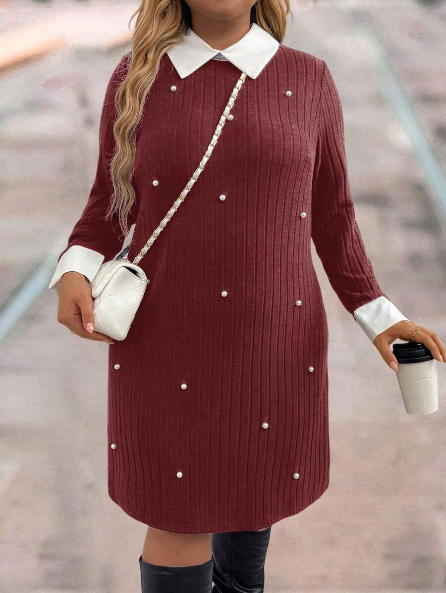 SHEIN LUNE Plus Size Spring/Fall Casual Color Block Beaded Decoration Dress Winter Clothes, Dress With Sleeves, Black Long Sleeve Dress, Thanksgiving Dress