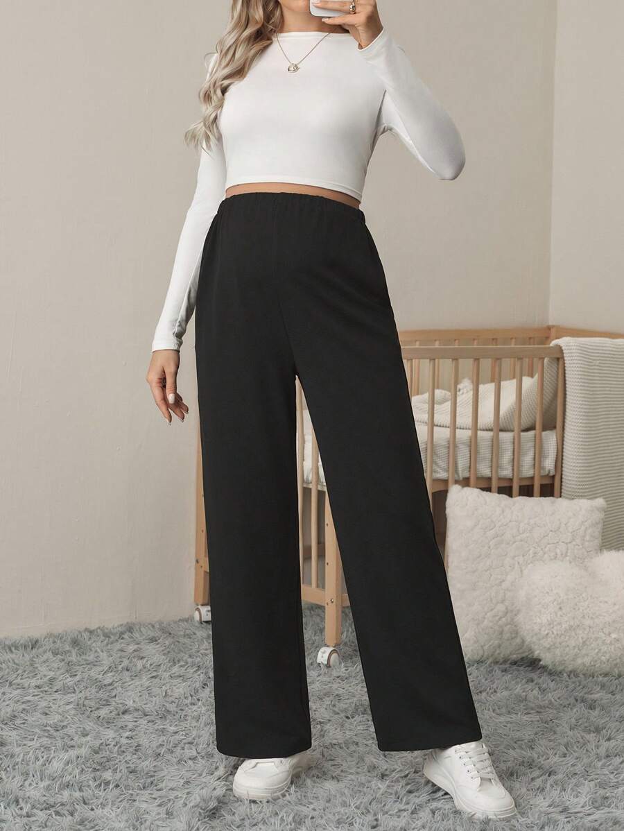 SHEIN Maternity Casual Versatile Minimalist Solid Color High-Waist Straight Pants