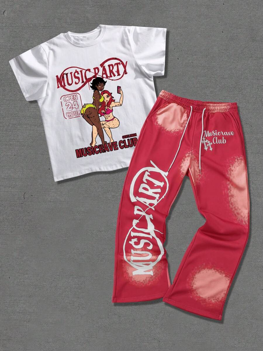 Manfinity LEGND Men's Summer Letter & Character Printed Short Sleeve T-Shirt And Drawstring Waist Casual Shorts Set, Going Out, Friends, Track Suit, Y2k