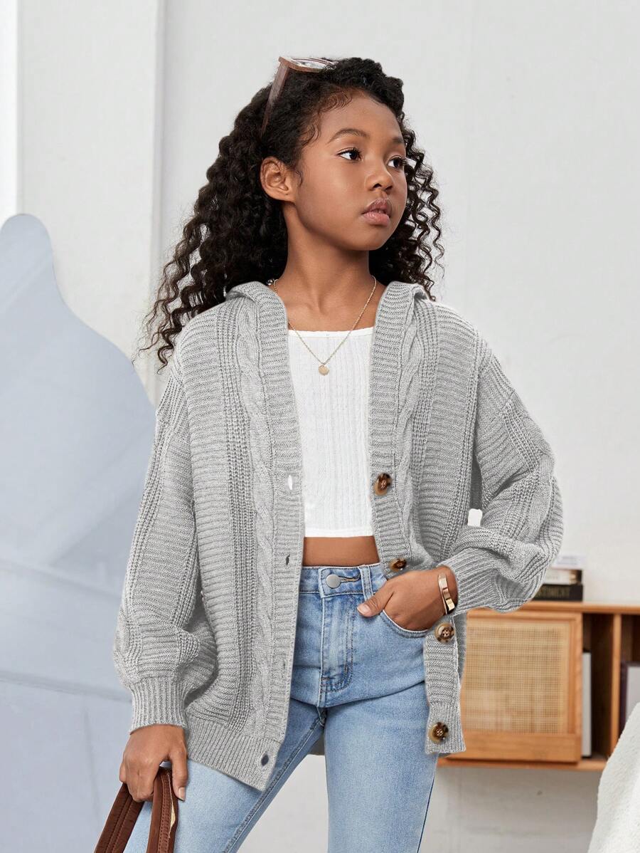 SHEIN Tween Girl Oversized Hooded Lange Mouw Casual Gebreide Cardigan