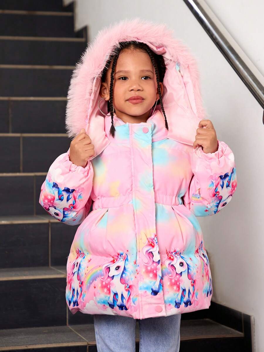 Young Girls' Cute Princess Style Cartoon Princess Print Icy Princess Pink Fluffy Collar Thickened Super Warm Padded Hooded Long Coat, Suitable For Outings And Skiing