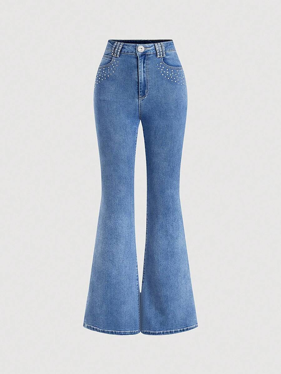 SHEIN MOD Women's Rhinestone Embellished Pocket Flare Leg Casual Versatile Jeans