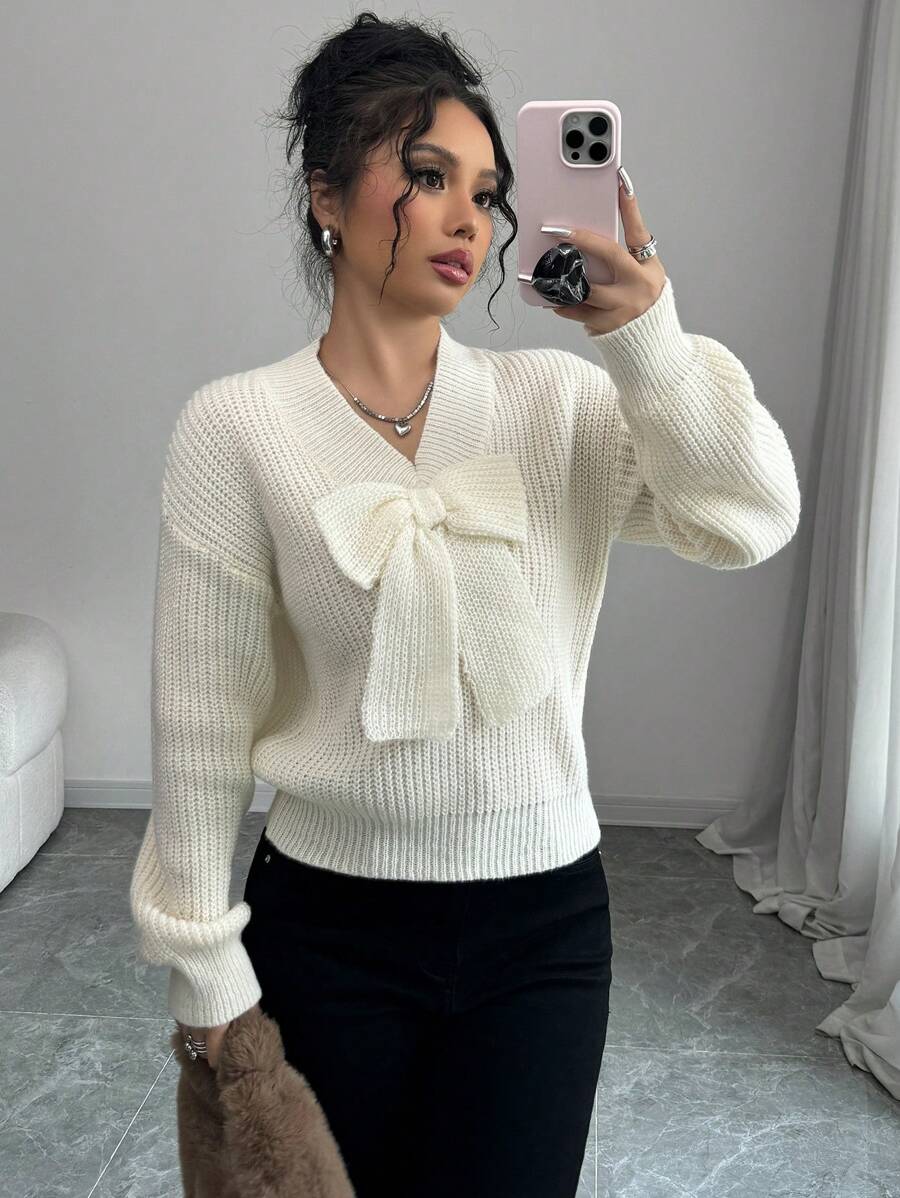 Elenzga Damski top z długim rękawem i kokardą, minimalistyczny design do codziennego noszenia