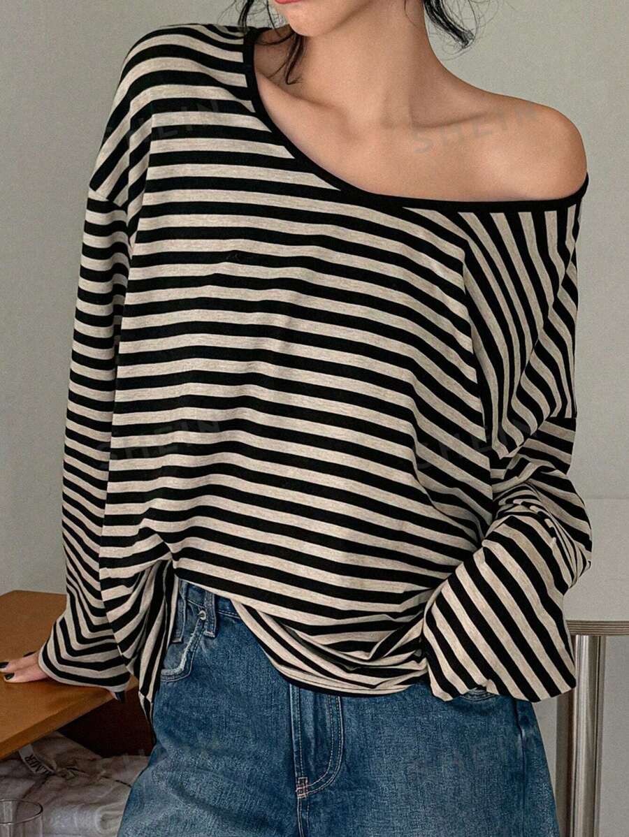 DAZY Camiseta suelta de manga larga y cuello en V a rayas simple para mujer, informal para uso diario