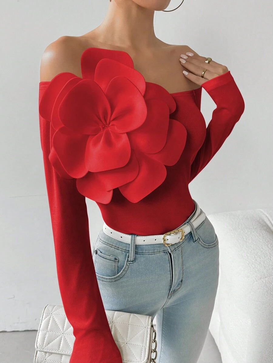 Calvaya Vrouwen Off Shoulder Effen Kleur 3D Bloemen Lange Mouw Slim Fit Elegant T-shirt Voor Nieuwjaarskleding