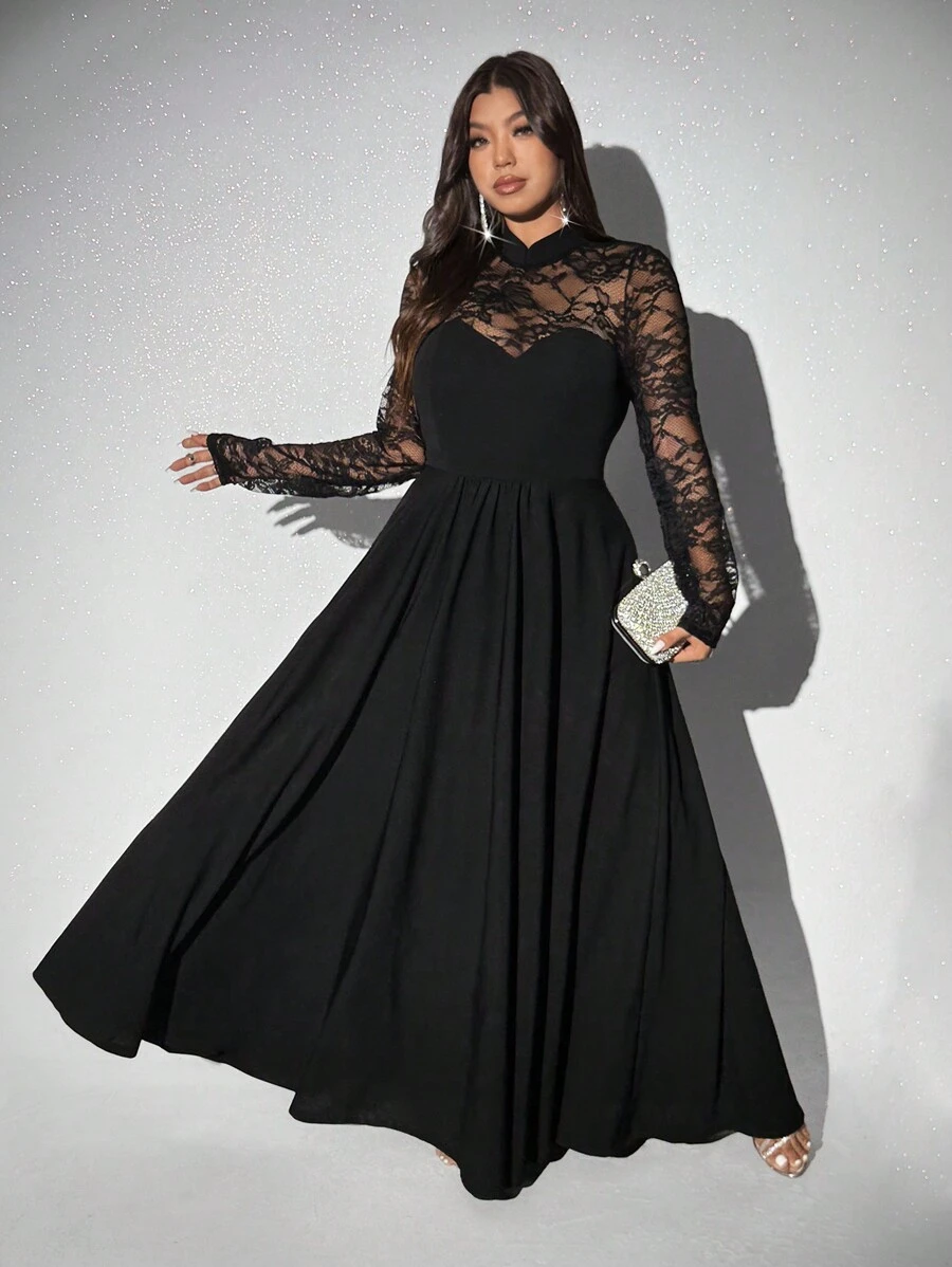 Viva Relle Plus Size Elegant Lace Stand Collar A-Line Long Sleeve Dress Maxi Women Outfit
