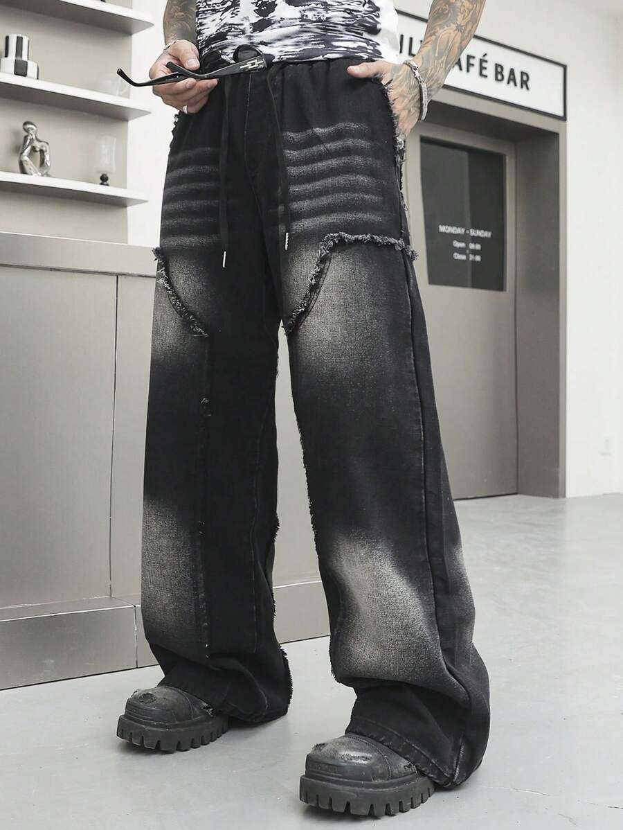 Manfinity EMRG Men's Dark Black Vintage Washed Wide Leg Casual Denim Pants