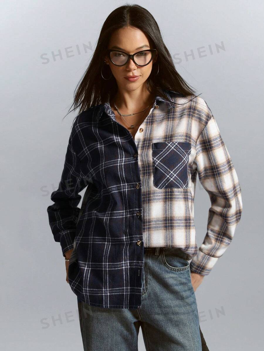 Aveloria Affinna Blusa de manga larga con diseño asimétrico a cuadros, suelta y oversize con hombros caídos, estilo casual y versátil, con un aspecto relajado y elegante, que se puede usar sola o como camisa abotonada, para mujer, ideal para el Día de San Valentín, primavera/verano
