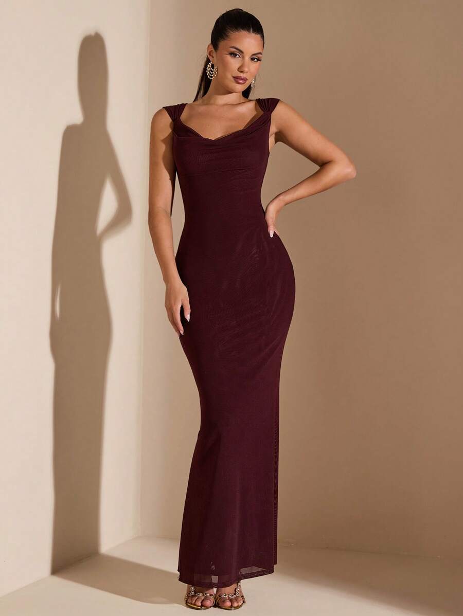 SHEIN BAE Elegante vestido ceñido de color burdeos sexy con espalda descubierta, tirantes cruzados y volantes en el bajo, adecuado para citas diarias, salidas, reuniones en clubs nocturnos y fiestas
