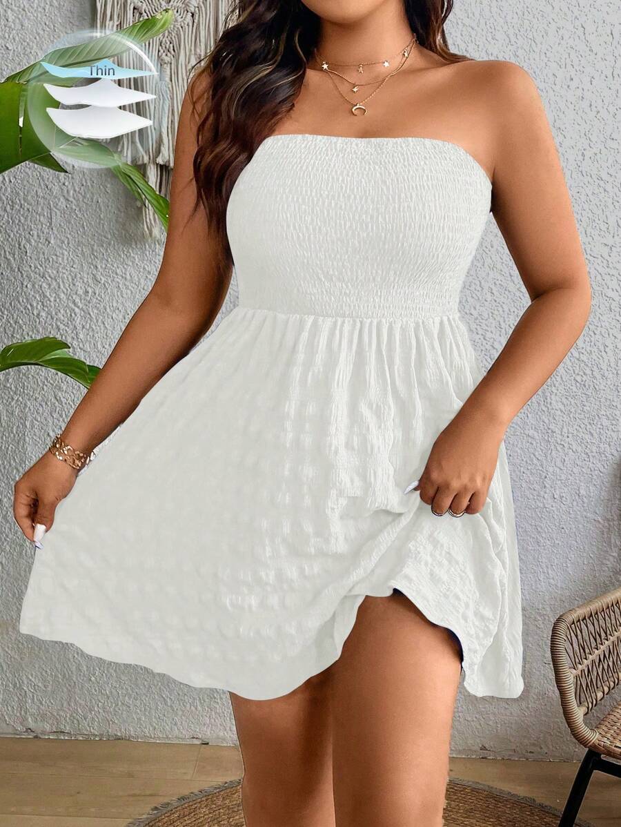 Breezaya Plus Size Boho Summer Solid Shirred Textured Tube Dress