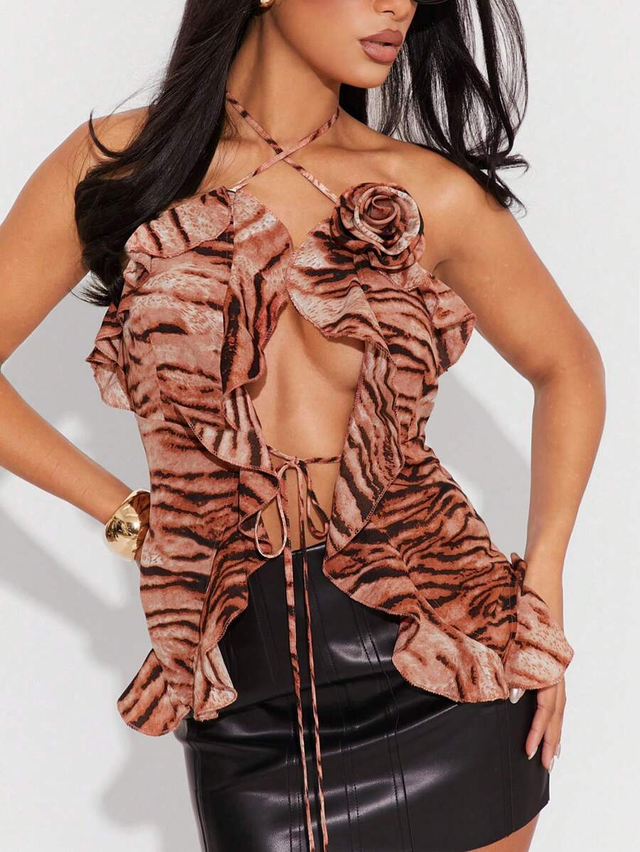 Hauture Winter Women Clothes, Winter Animal Print Cut Out Ruffle Detail Cross Neck Halter Top With Rosette Accent, Tiger Print, Tops, Women Tops, Going Out Tops. For Date Night, Concerts, Performances, Parties, Clubs