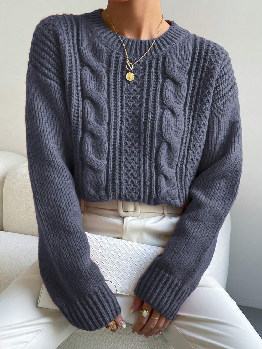 Chiquease Women Solid Color Round Neck Drop Shoulder Long Sleeve Pullover Sweater, Autumn/Winter
