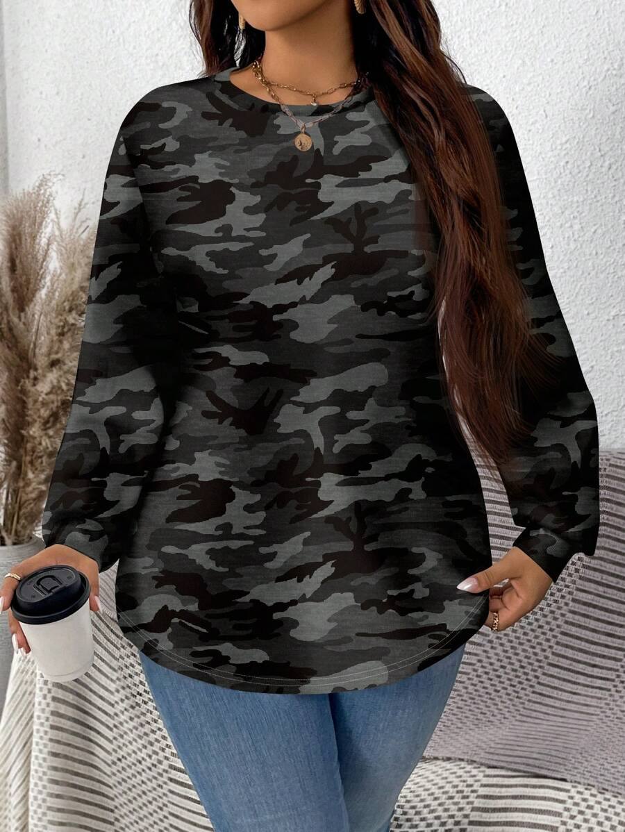 SHEIN LUNE Casual minimalistische allover camouflage print losse pasvorm pullover sweatshirt, grote maat