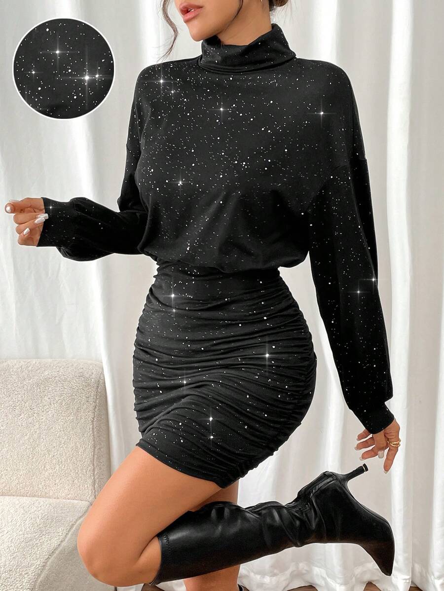 SHEIN Frenchy Elegancka damska plisowana dopasowana mini sukienka z rękawami w kształcie latarni, jesień