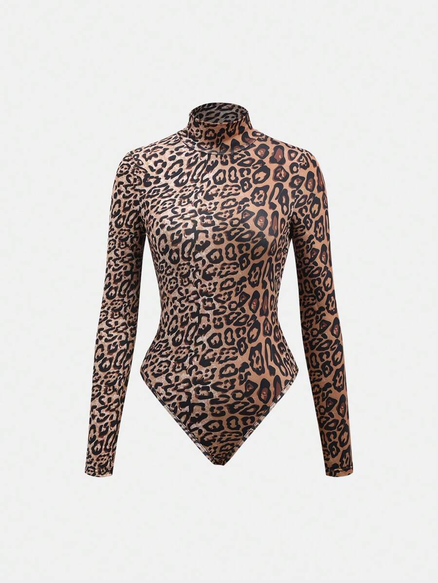 Flirla Women's Sexy Leopard Print Turtleneck Long Sleeve Bodysuit