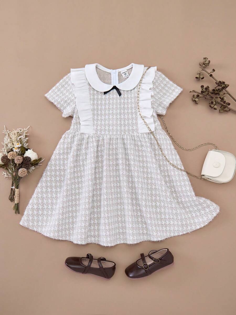 PrepCrw Young Girls' Khaki Woven Cinched Waist Color Block Collar A-Line Dress, Spring And Autumn