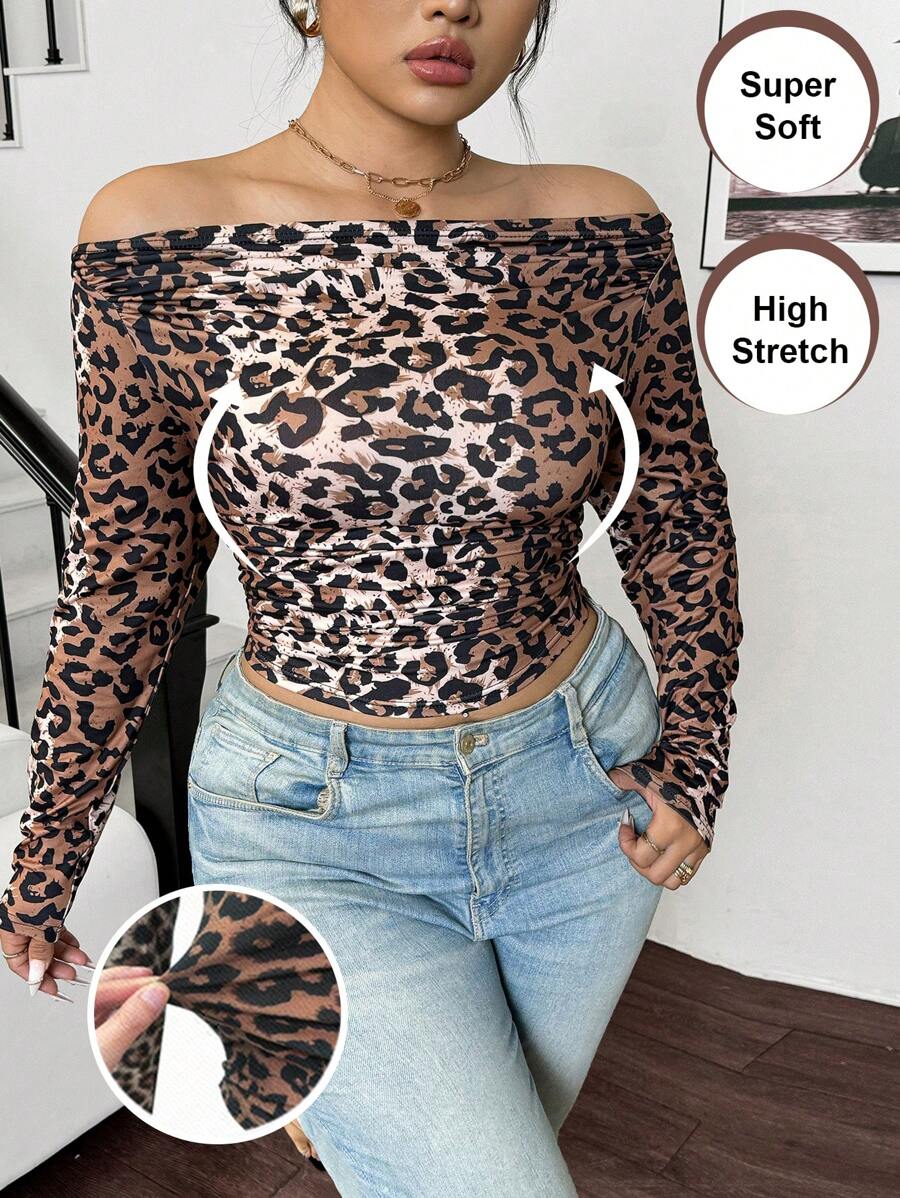 Calvaya Women's Open Shoulder Leopard Print Ruffle Trim Bodycon T-Shirt Graphic Cheetah Print Tees Women Tops