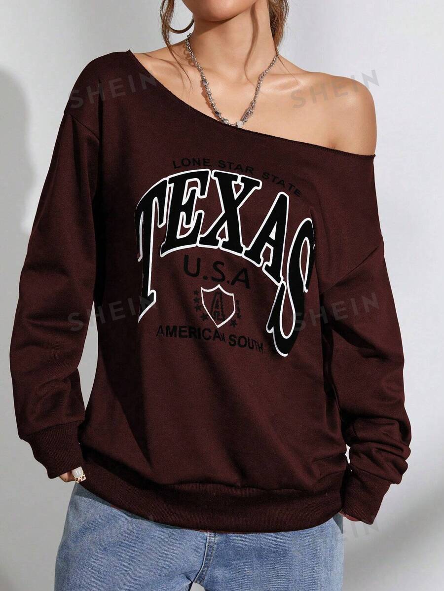 Flirla 1 pieza Sudadera casual con hombros descubiertos con letras en inglés de estilo elegante