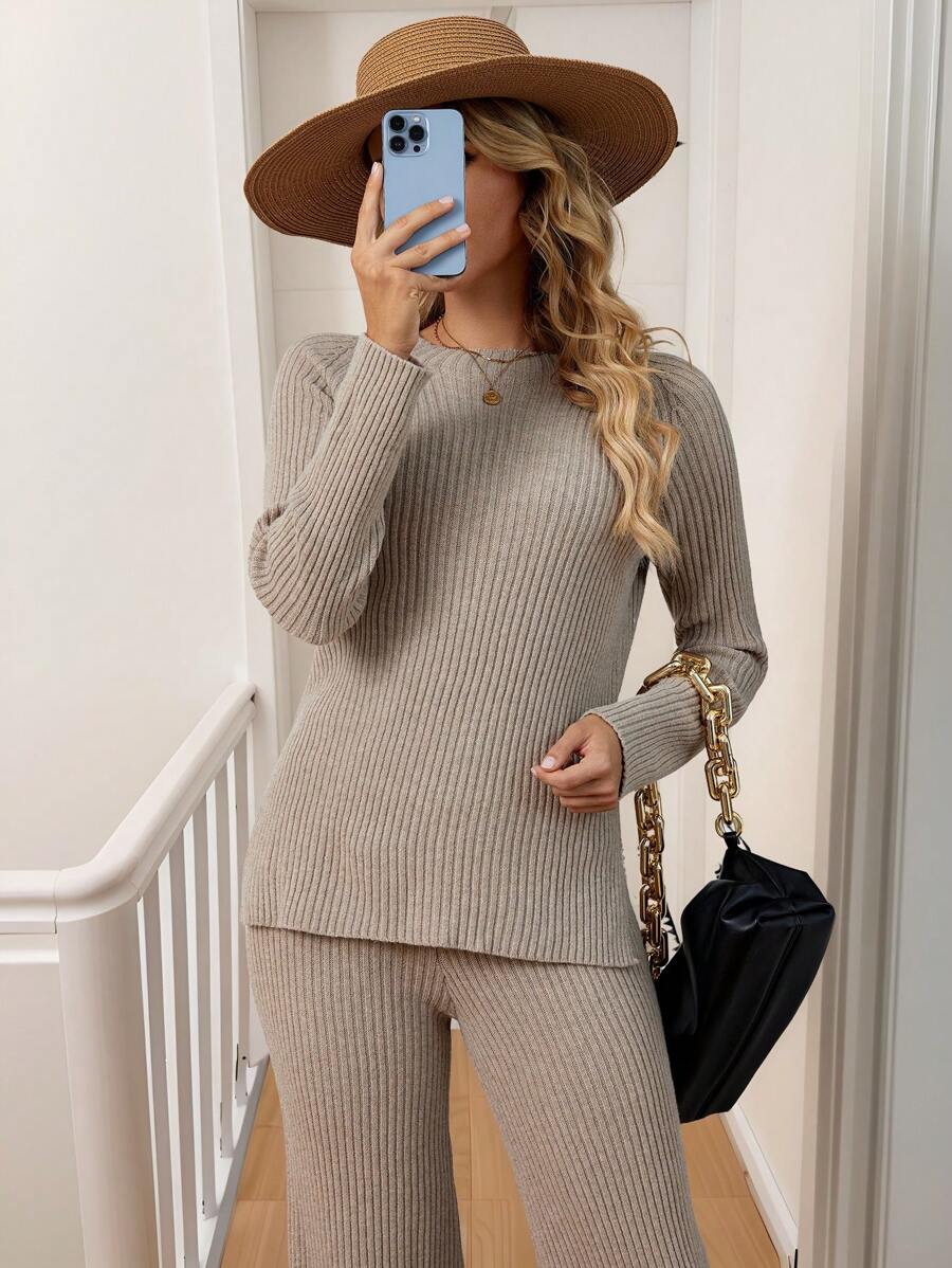INAWLY 2-delige set dames casual effen kleur eenvoudige raglanmouw trui en broek voor herfst/winter