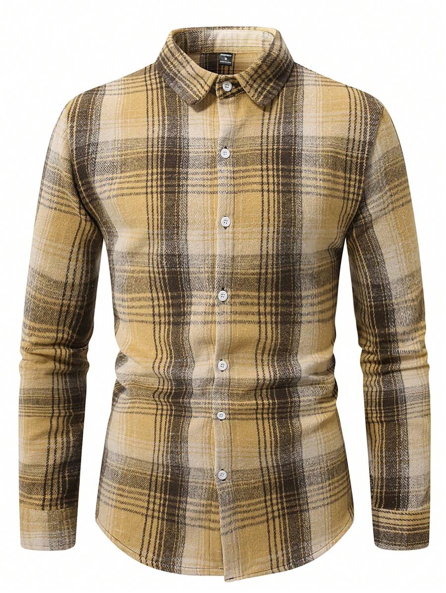 Manfinity Homme Men's Plaid Graphic Print Front Button Casual Long Sleeve Collar Shirt (Non-Striped), For Going Out