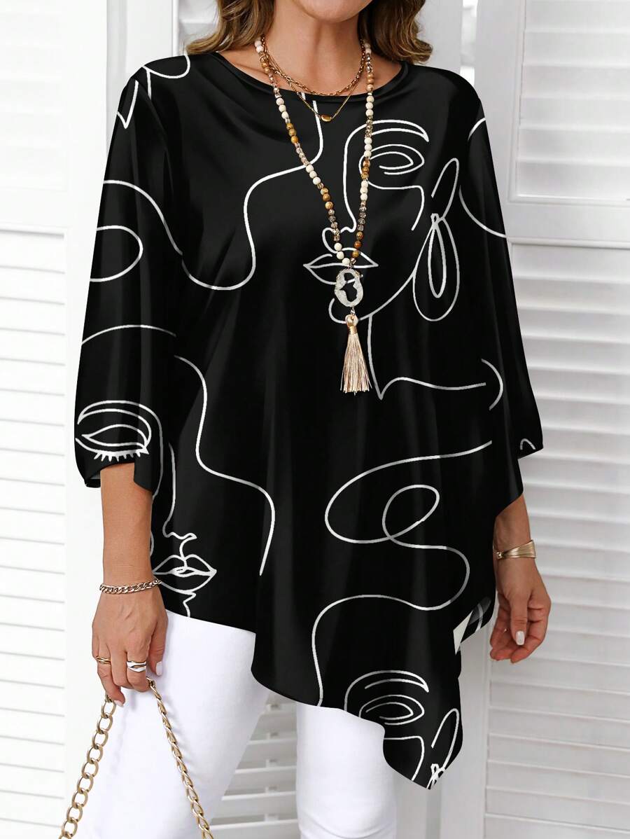 EMERY ROSE Camicia oversize con stampa linee astratte minimalista casual, adatta per autunno/inverno
